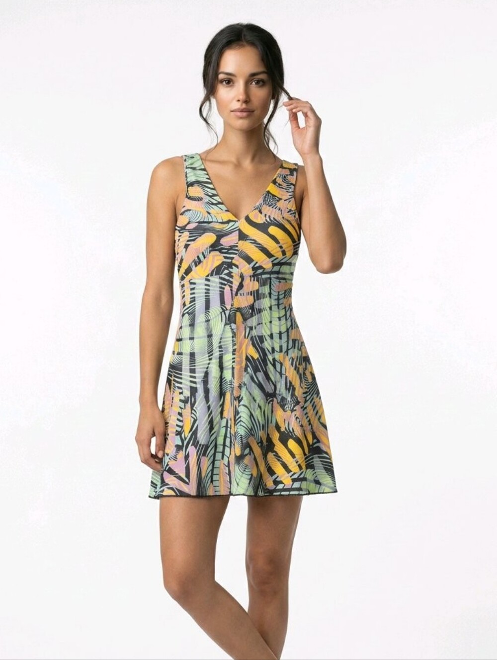 Tropical Print V-Neck Sleeveless Swimming Suit Dress - Green & Yellow